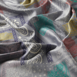 Gri Patchwork Desenli İpek Şal - Thumbnail