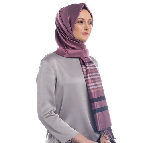 Gülkurusu İnce Meridyen Çizgili İpek Şal