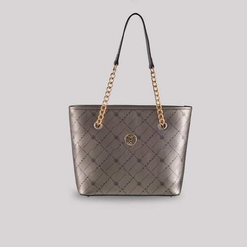 Gümüş Monogram Zincir Detaylı Tote Çanta