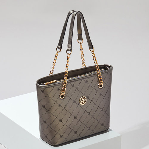 Gümüş Monogram Zincir Detaylı Tote Çanta