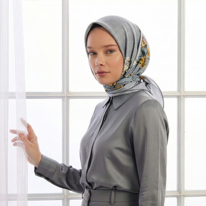 Gümüş Yeşil Güz Tivil İpek Eşarp - Thumbnail