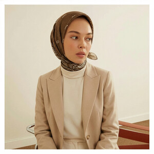 Haki Patchwork Desenli Tivil İpek Eşarp - Thumbnail