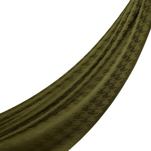 Haki Yeşili Kaz Ayağı Desenli Yün İpek Şal - Thumbnail