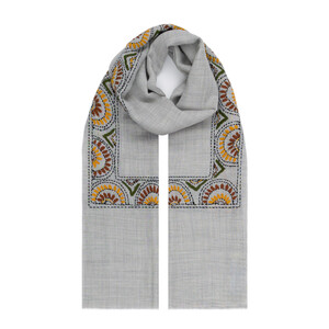 Ice Blue Ethnic Mosaic Wool Silk Scarf - Thumbnail