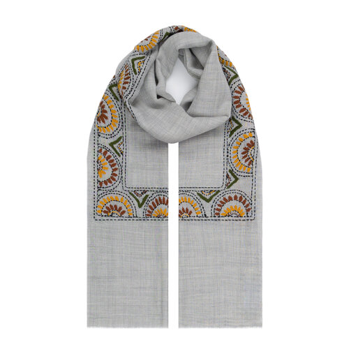 Ice Blue Ethnic Mosaic Wool Silk Scarf
