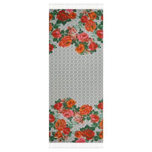 Ice Blue Mono Rose Bouquet Print Silk Scarf