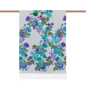 Ice Blue Pansy Printed Silk Shawl - Thumbnail