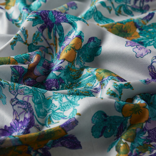 Ice Blue Pansy Printed Silk Shawl