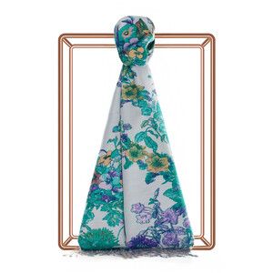 ipekevi - Ice Blue Pansy Printed Silk Shawl