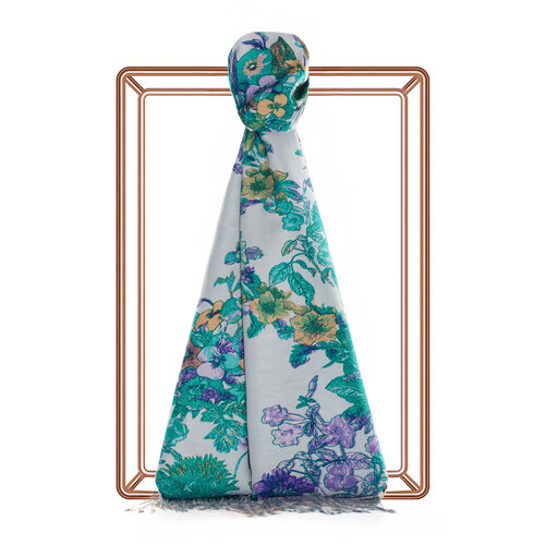 Ice Blue Pansy Printed Silk Shawl