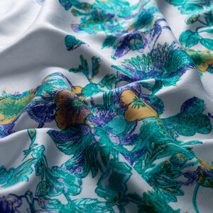 Ice Blue Pansy Printed Silk Shawl - Thumbnail