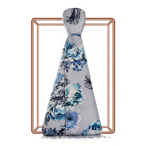 Ice White Fleur Print Silk Scarf - Thumbnail