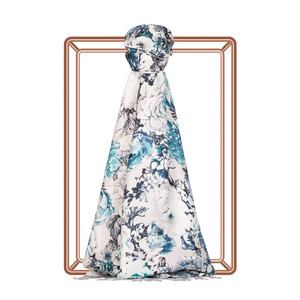 Ice White Fleur Print Silk Scarf - Thumbnail