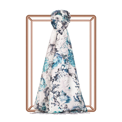 Ice White Fleur Print Silk Scarf