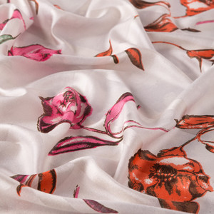 Ice White Rosa Gallica Print Satin Silk Scarf - Thumbnail