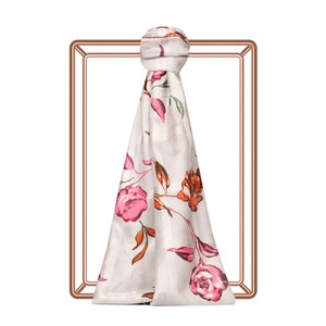 Ice White Rosa Gallica Print Satin Silk Scarf - Thumbnail