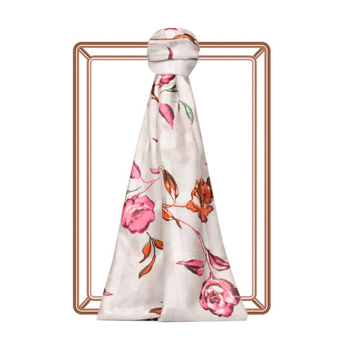 Ice White Rosa Gallica Print Satin Silk Scarf