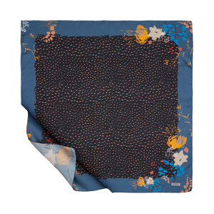 Indigo Charcoal Fur Flower Twill Silk Scarf - Thumbnail