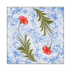 ipekevi - İndigo Kırmızı Karanfil Ebru Saten İpek Mendil