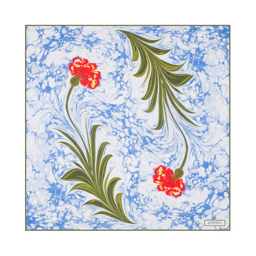 İndigo Kırmızı Karanfil Ebru Saten İpek Mendil