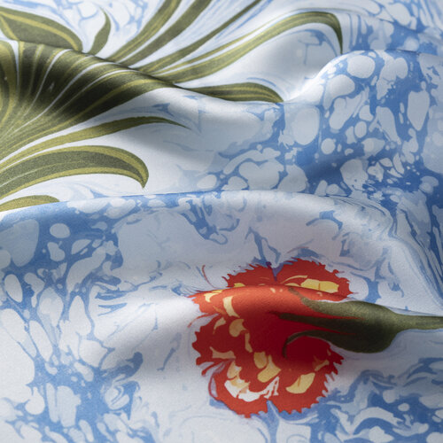 İndigo Kırmızı Karanfil Ebru Saten İpek Mendil