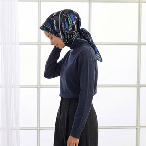 Indigo Minimalist Striped Twill Silk Scarf - Thumbnail