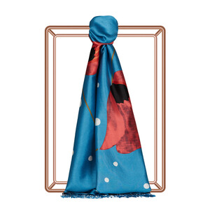 Indigo Poppy Table Pattern Silk Shawl - Thumbnail