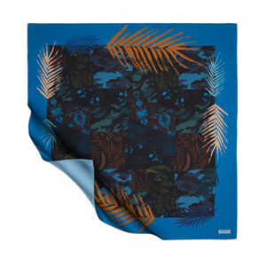 Indigo Tropical Patchwork Patterned Twill Silk - Thumbnail