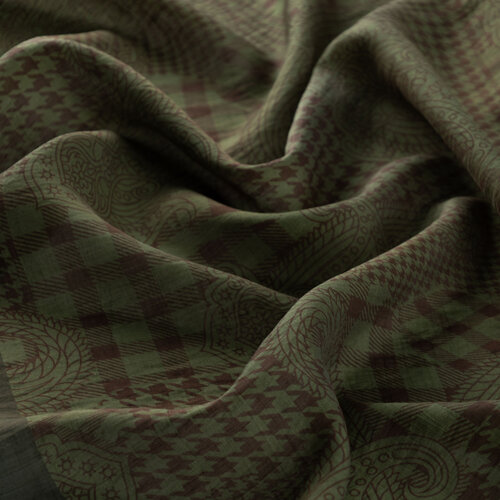 Kahki Green Patchwork Paisley Print Tencel Scarf