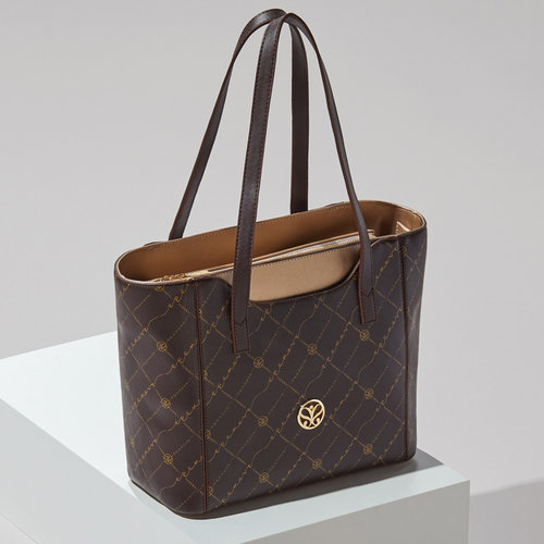 Kahve Monogram Cep Detaylı Tote Çanta