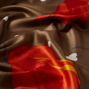 Kahverengi Gelincik Tablo Desenli İpek Şal - Thumbnail