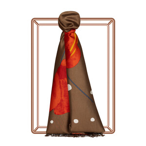 Kahverengi Gelincik Tablo Desenli İpek Şal - Thumbnail