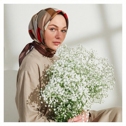 Kahverengi Lego Desenli Tivil İpek Eşarp