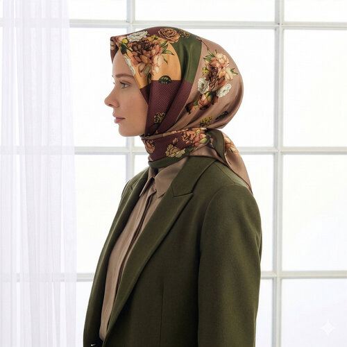 Khaki Brown Arrangement Twill Silk Scarf