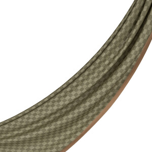 Khaki Checkered Wool Silk Scarf - Thumbnail