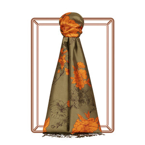 Khaki Green Azalea Print Silk Scarf - Thumbnail