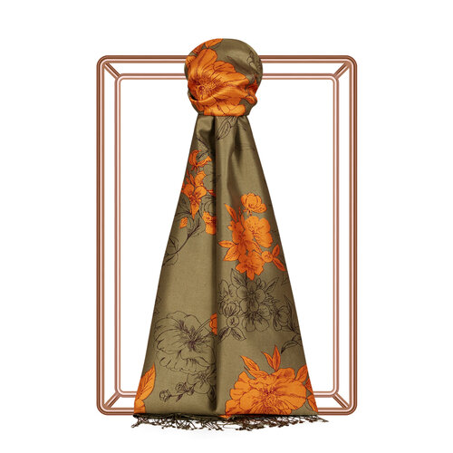 Khaki Green Azalea Print Silk Scarf
