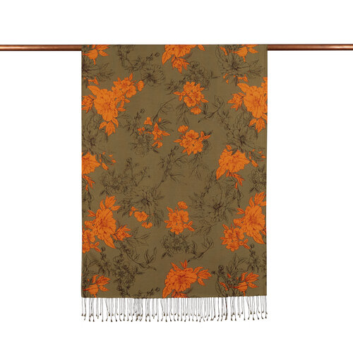 Khaki Green Azalea Print Silk Scarf
