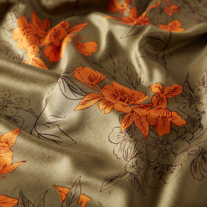 Khaki Green Azalea Print Silk Scarf - Thumbnail