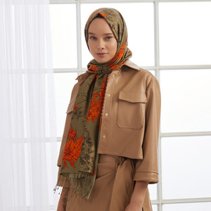 Khaki Green Azalea Print Silk Scarf - Thumbnail