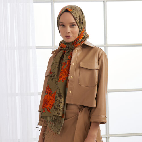 Khaki Green Azalea Print Silk Scarf