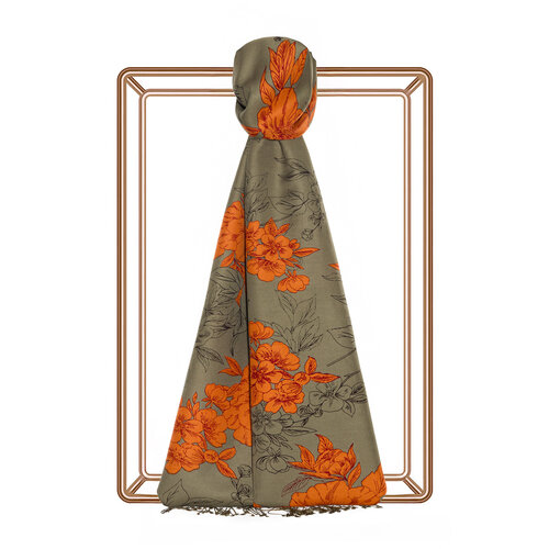 Khaki Green Azalea Print Silk Scarf