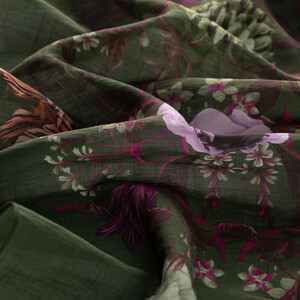 Khaki Green Botanical Print Tencel Scarf - Thumbnail
