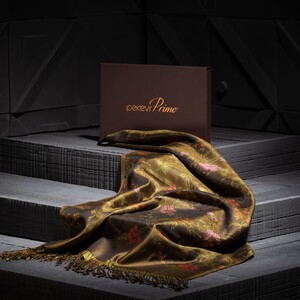 Khaki Green Brocade Reversible Prime Silk Scarf - Thumbnail