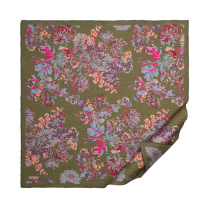 Khaki Green Chrysanthemum Print Tencel Scarf - Thumbnail
