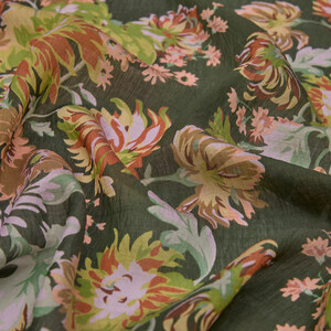 Khaki Green Chrysanthemum Print Tencel Scarf - Thumbnail