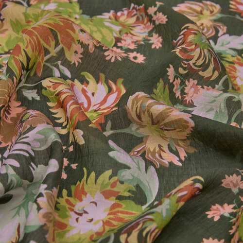 Khaki Green Chrysanthemum Print Tencel Scarf