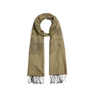 Khaki Green Cross Stich Floral Cotton Silk Scarf - Thumbnail