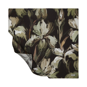 Khaki Green Iris Flower Twill Silk Scarf - Thumbnail