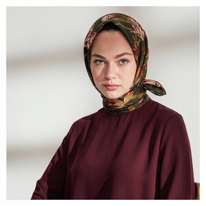 Khaki Green Melancholia Print Silk Twill Scarf - Thumbnail
